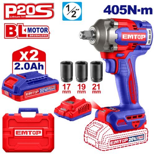 Llave de Impacto 1/2" BL 405Nm 2x Bat 20V 2Ah + Acc. (M) EMTOP