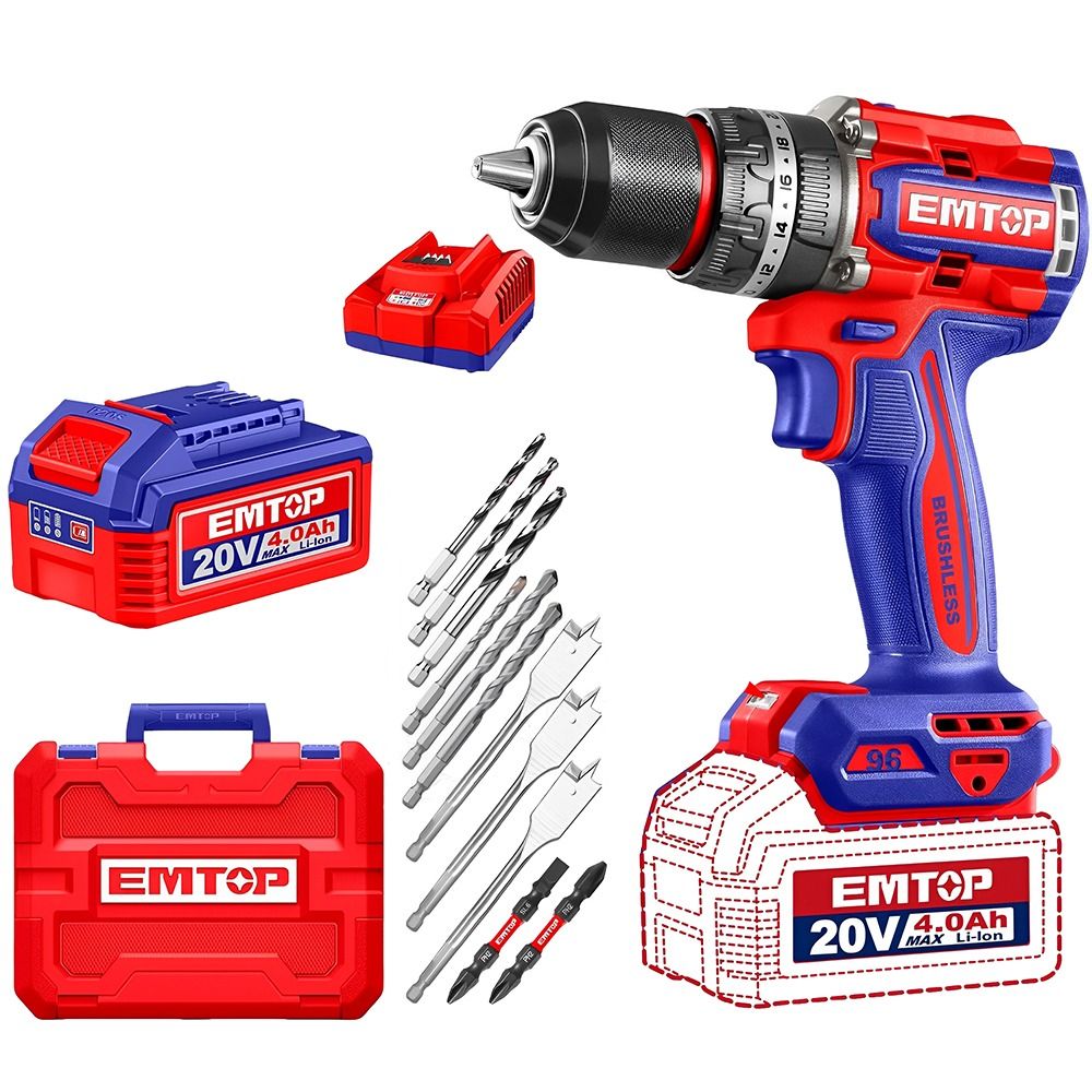Kit Taladro Percutor Emtop ECIDL20968 13 mm 20v - RojoAzul